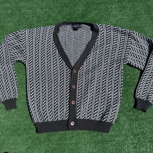 Vintage Van Cort Cardigan Sweater Mens XL Black Gray Pattern Button Front